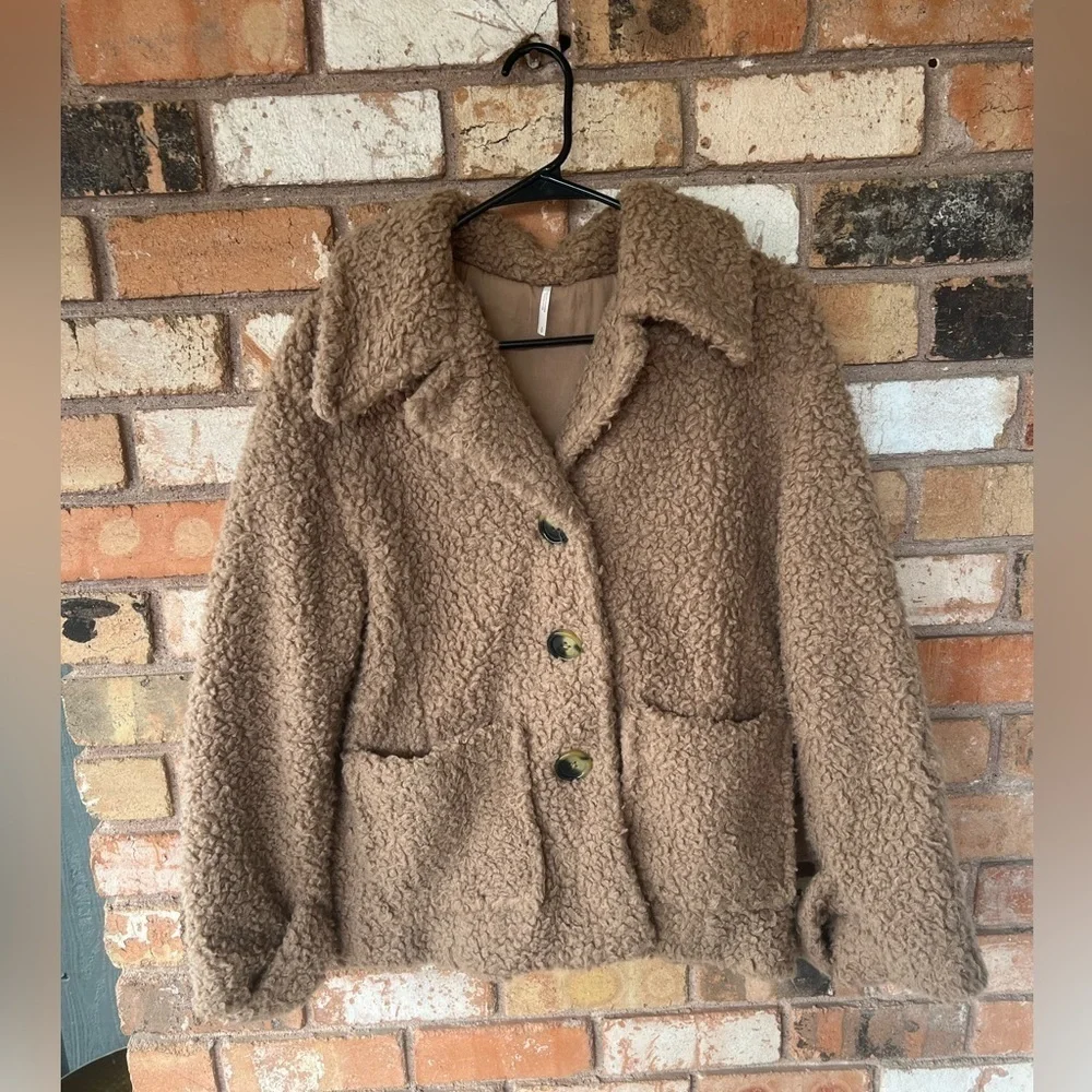 Free People So Soft Cozy Peacoat Teddy Sherpa Coat in Camel/Brown